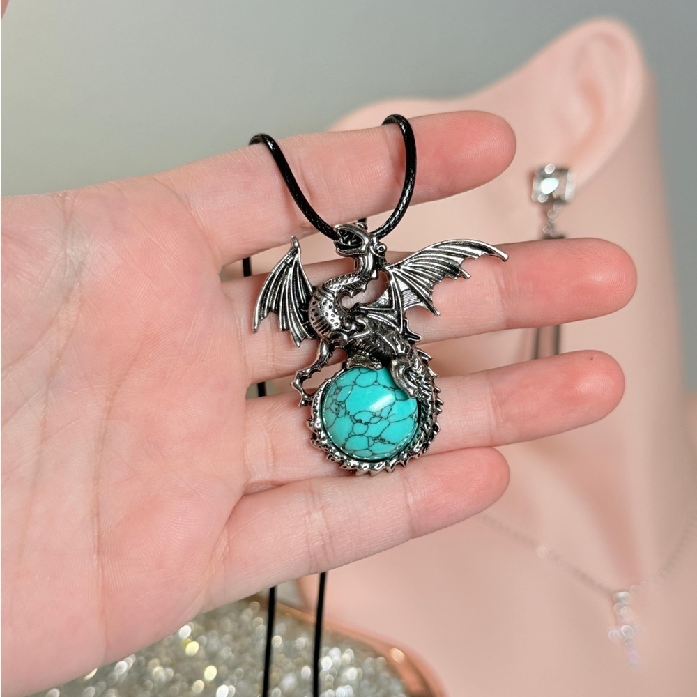 Silver Dragon Pendant Necklace with Turquoise Stone - Picture 4 of 5